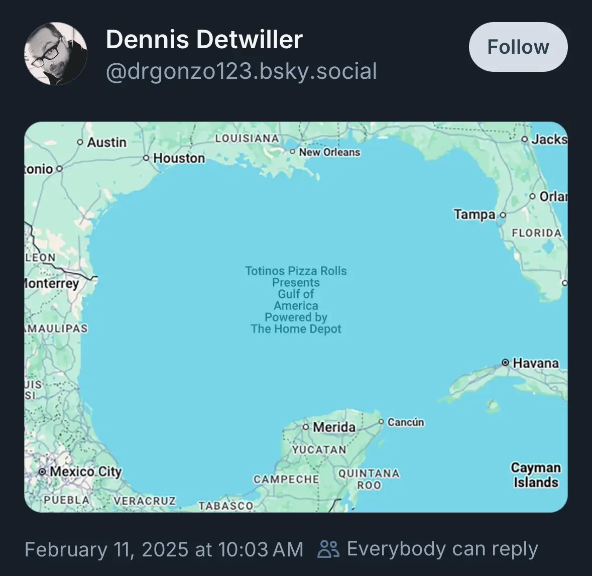 A map of the Gulf of Mexico region with cities like Houston, New Orleans, and Cancún labeled, overlaid with text that reads…