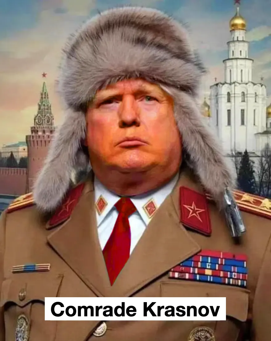 A digitally altered image shows a man with Donald Trump's face wearing a Soviet-style military uniform with red star…
