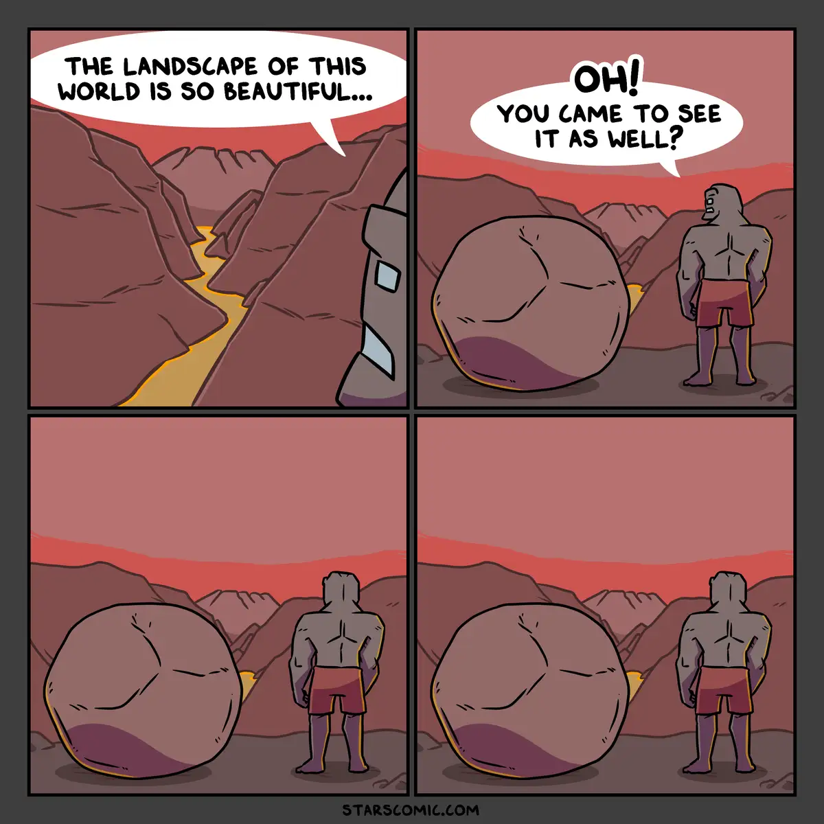 A four-panel comic shows a humanoid figure admiring a canyon landscape, then noticing a large, round rock with a face that…