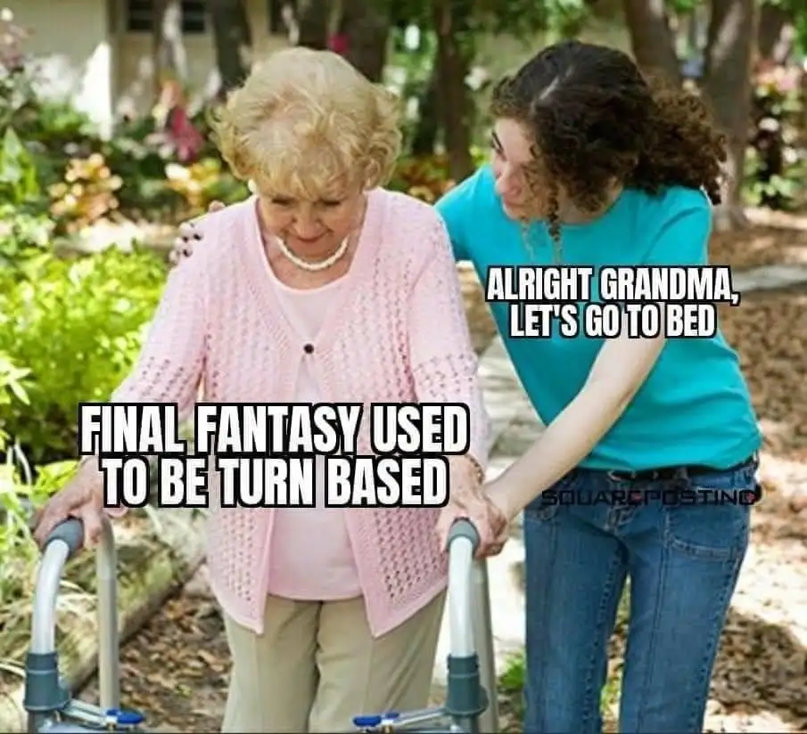 An elderly woman using a walker is being assisted by a younger woman in a garden. The younger woman says, 'ALRIGHT GRANDMA…