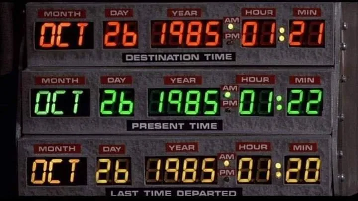 A digital clock panel from the movie 'Back to the Future' shows three time displays: 'destination time' (red, 1985)…