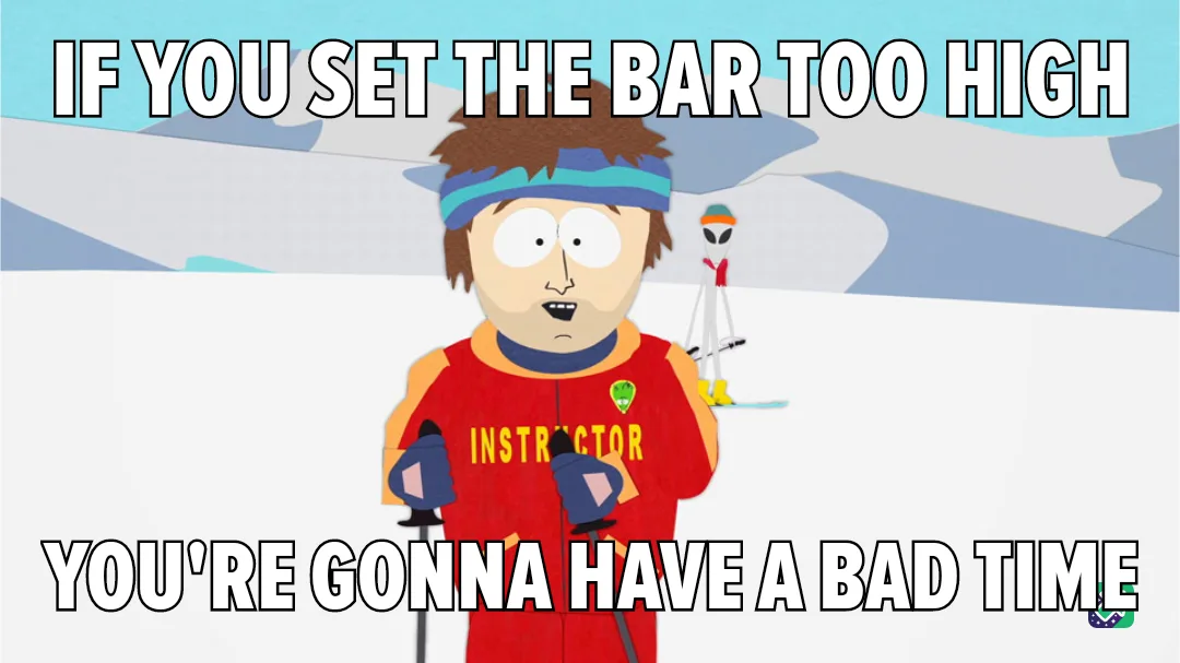 A cartoon man in a red ski instructor jacket with 'INSTRUCTOR' written on it stands in snow, looking shocked. Behind him, a…