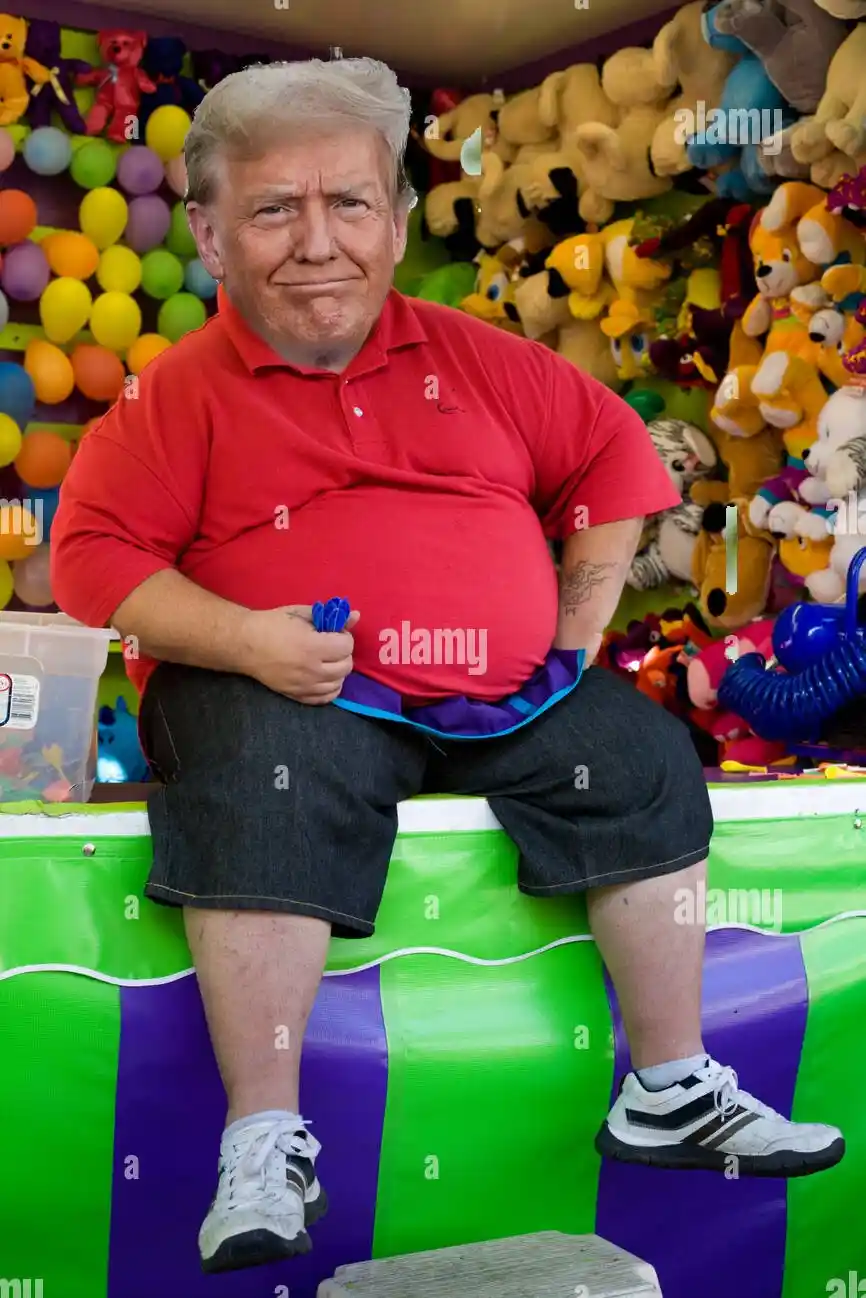 a man with gray hair and a red polo shirt sits on a green and purple carnival game counter, holding blue darts. Behind him…