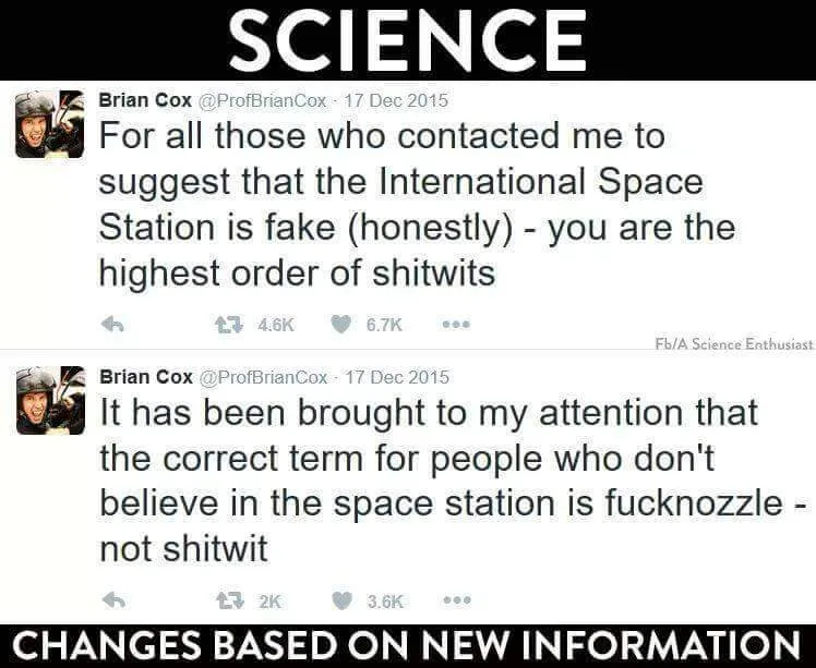 The image displays two consecutive tweets from physicist Brian Cox, dated December 17, 2015. The first tweet calls people…