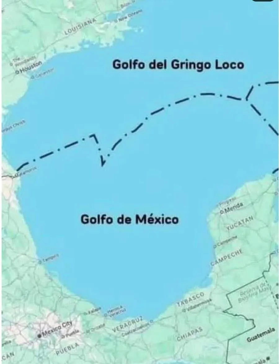 A map of the Gulf of Mexico shows a dotted line separating the northern coast labeled 'Golfo del Gringo Loco' from the rest…