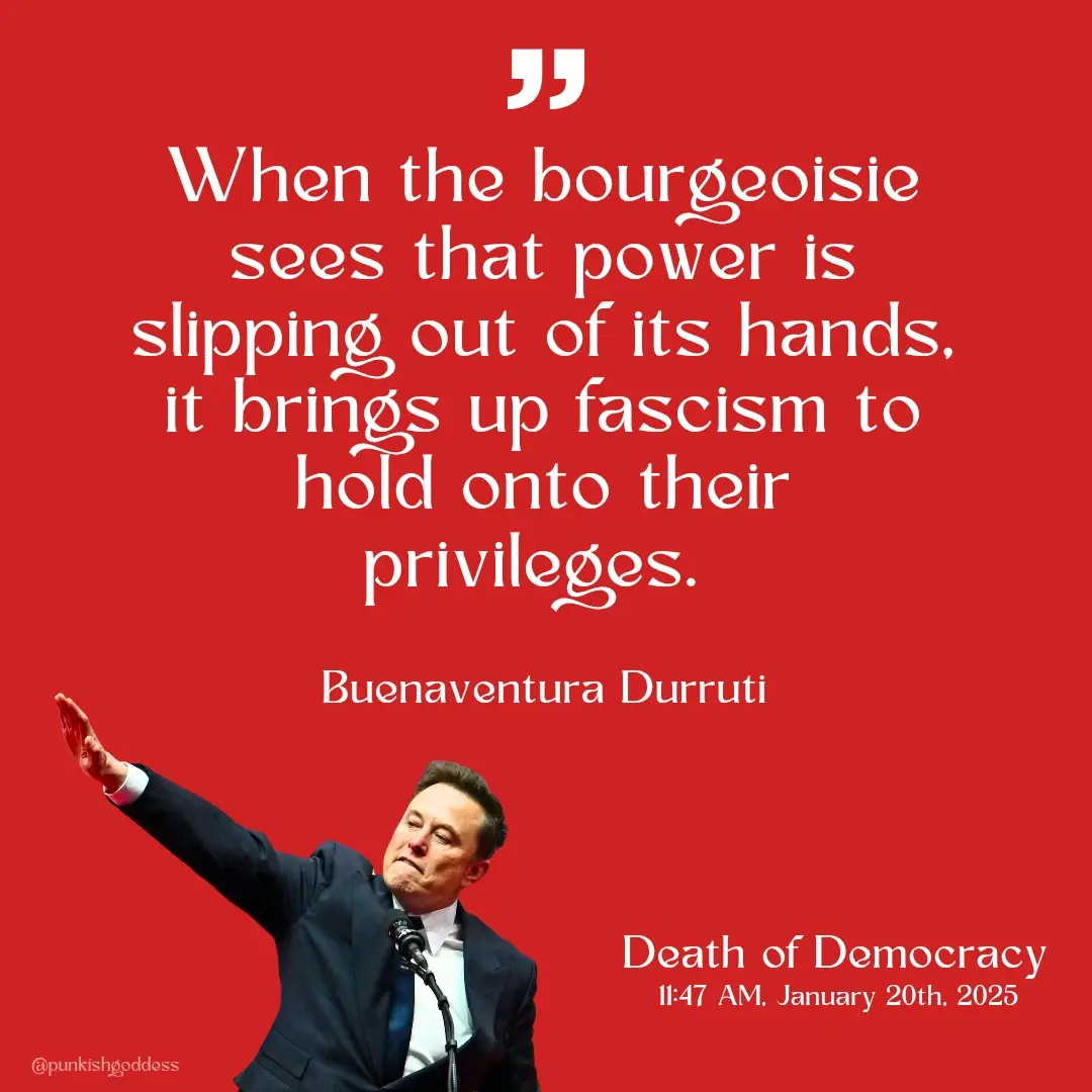 A red background image features a man in a suit raising his right arm, standing at a microphone. Overlaid white text quotes…