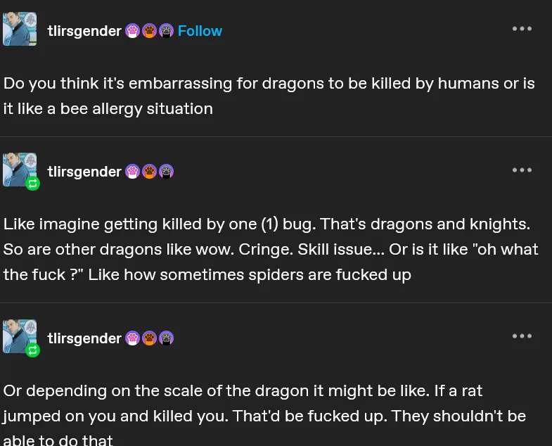 A screenshot of a social media comment thread where a user named 'tlirsgender' humorously compares the embarrassment of…