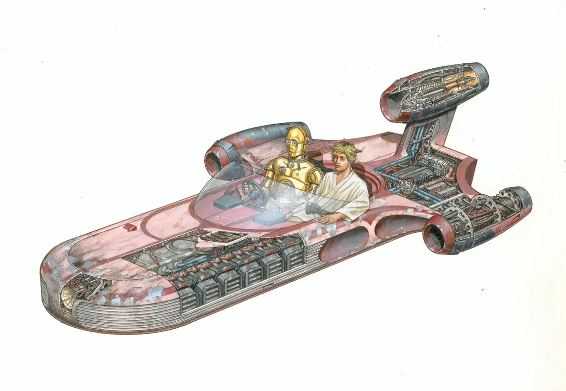 A cutaway illustration of a Star Wars spaceship with Luke Skywalker and C-3PO inside, revealing intricate internal…