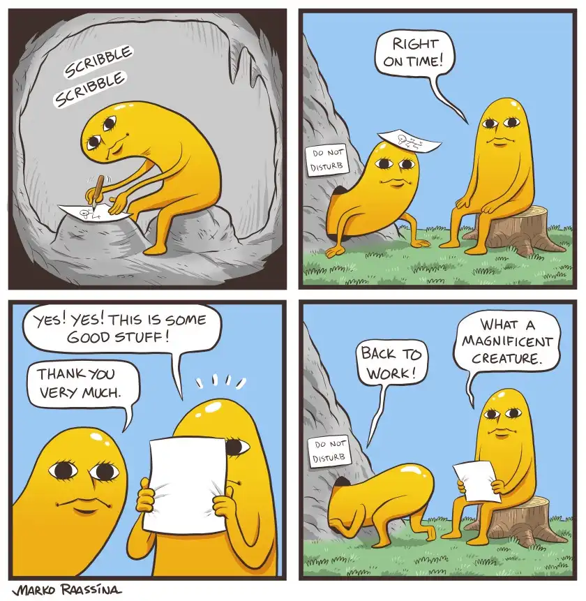 A four-panel comic strip featuring two yellow, blob-like characters. In the first panel, one character scribbles on a rock…