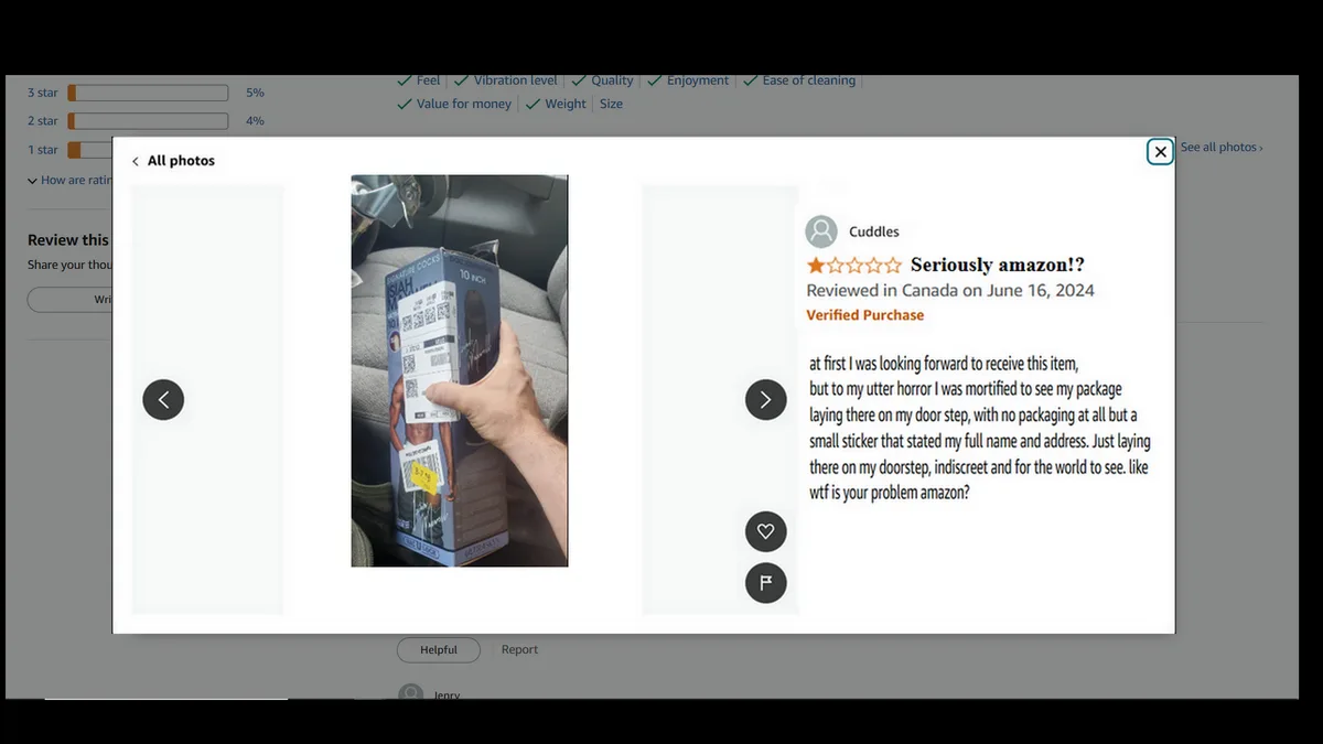 A screenshot of an Amazon product review showing a photo of a hand holding a product box labeled 'ISIAH M' and '10 INCH'…