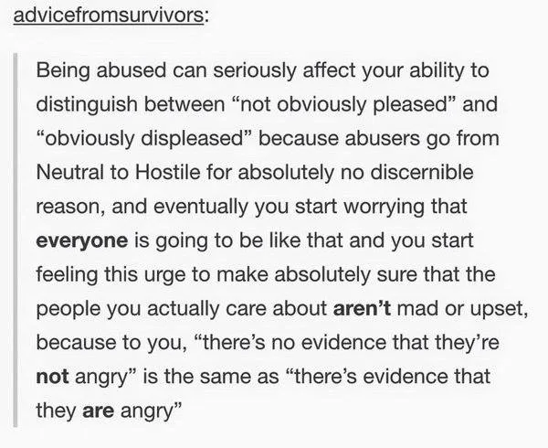 The image displays a block of text titled 'advicefromsurvivors:' which explains how abuse can distort perception, making…
