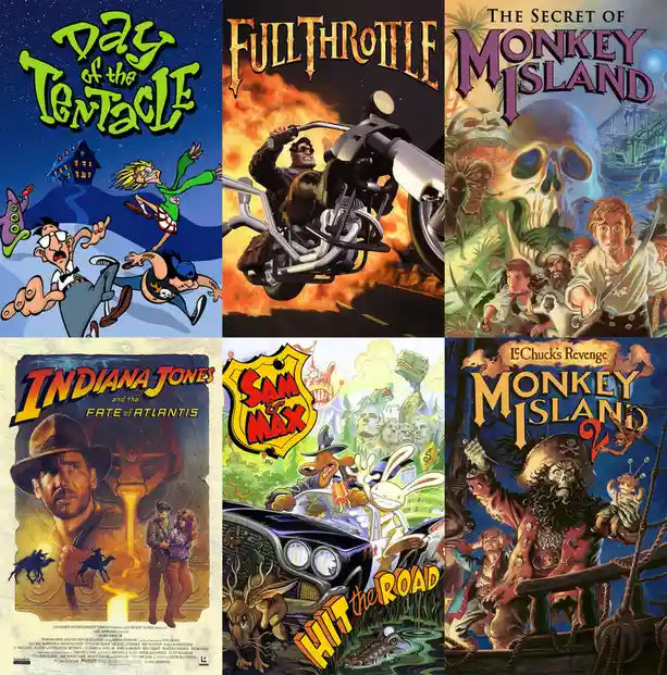 A collage of six classic LucasArts adventure game box art covers: 'Day of the Tentacle', 'Full Throttle', 'The Secret of…