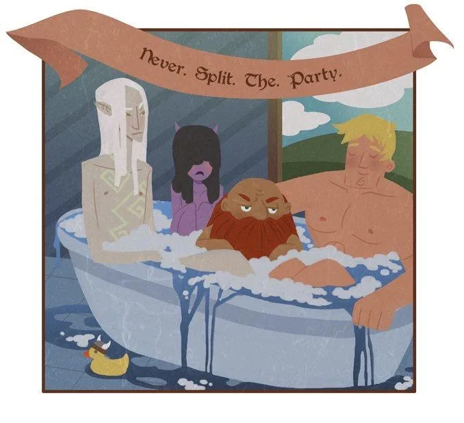 Four cartoon characters are in a bathtub filled with soapy water; a banner above reads 'Never. Split. The. Party.' A yellow…