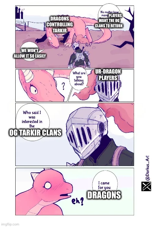 A four-panel comic strip featuring a knight in armor confronting pink dragons. The knight declares they won't allow dragons…
