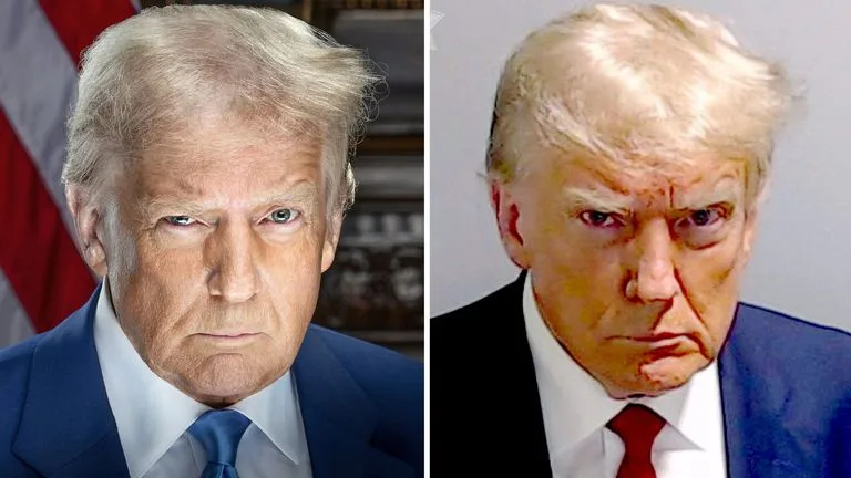 The image shows a side-by-side comparison of Donald Trump. On the left, he appears in a formal setting with an American flag…