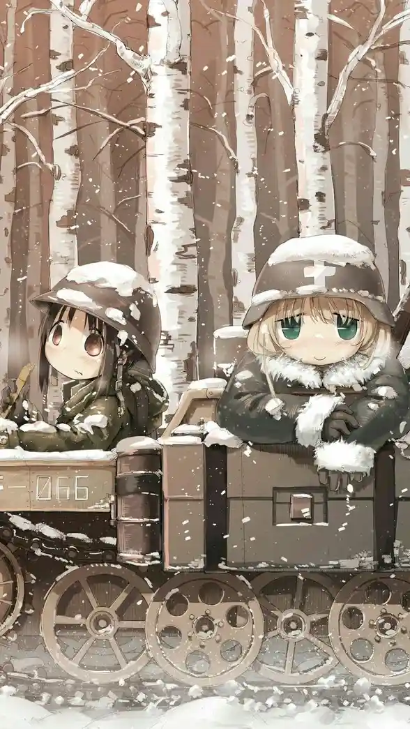 Two chibi-style anime characters in military uniforms and helmets sit atop a snow-covered tank in a snowy birch forest. The…