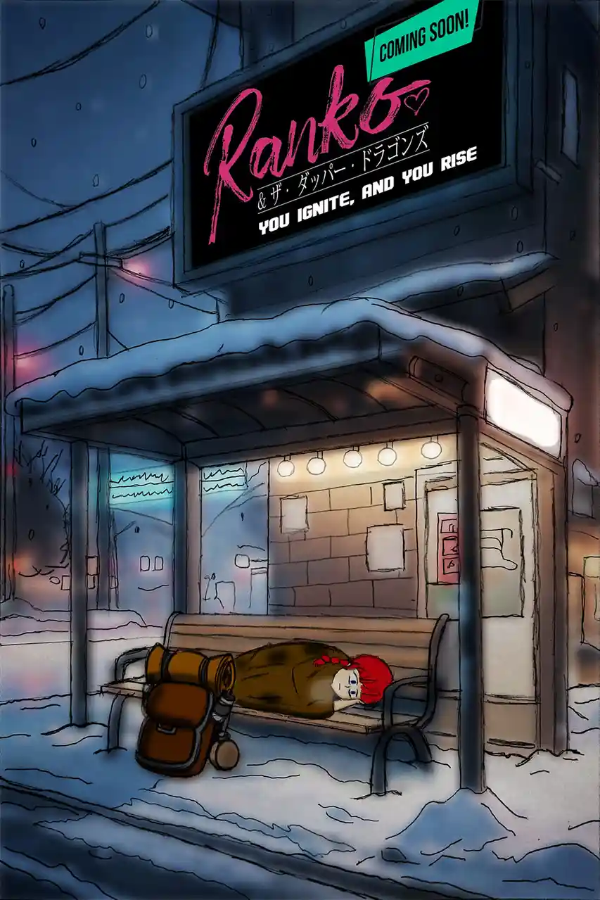 A cartoon-style image shows a person with red hair sleeping on a bench outside a building covered in snow. Beside them is a…