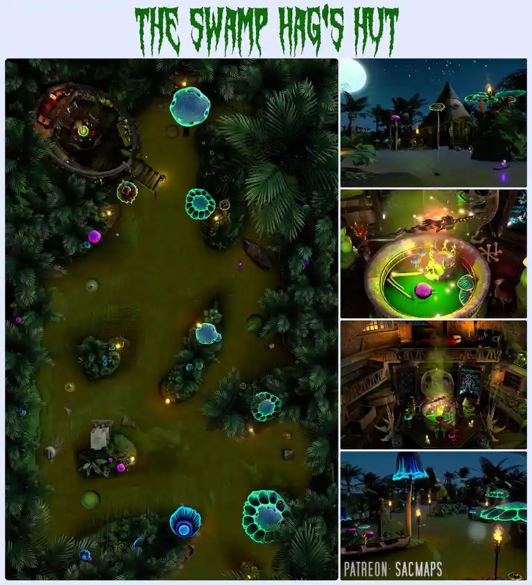 A collage of images from a video game showing a swampy, mystical hut surrounded by glowing mushrooms and palm trees. One…
