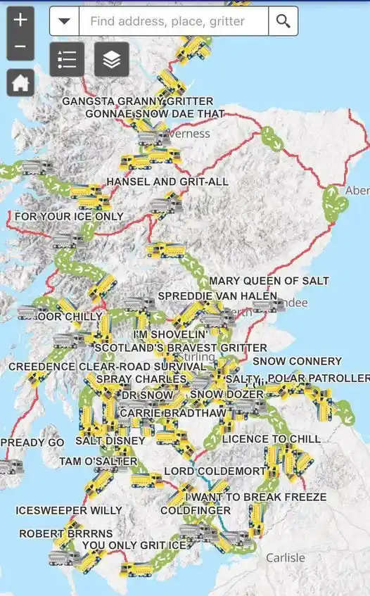 A map of Scotland overlaid with numerous yellow gritter trucks and humorous, pun-filled names like 'Gangsta Granny Gritter'…