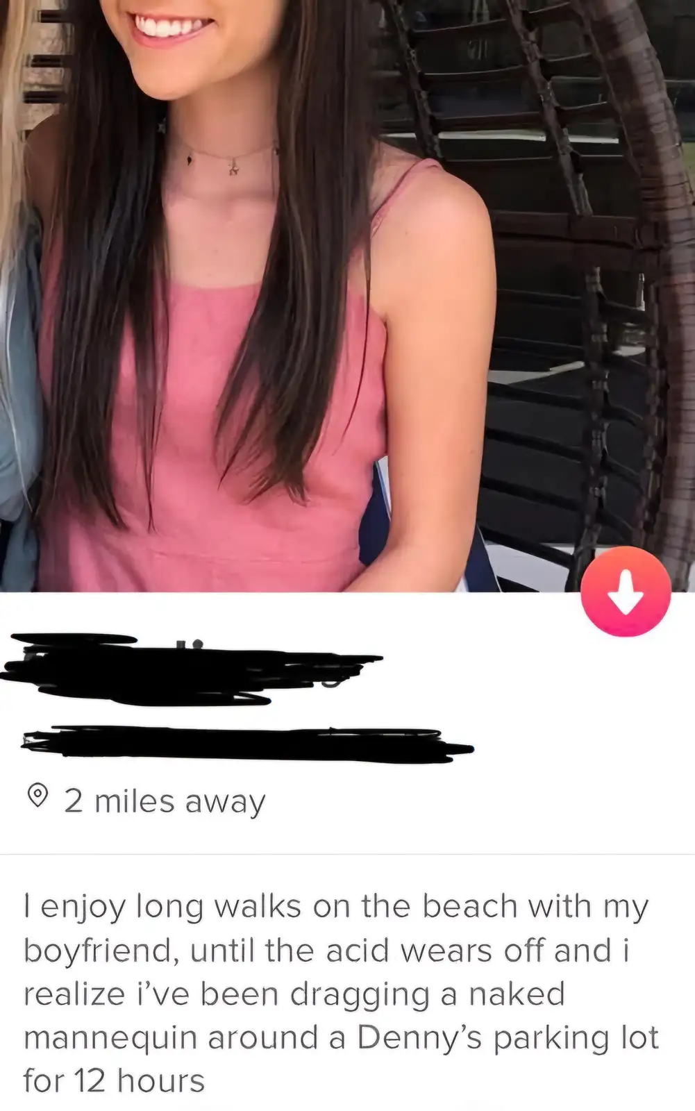 A cropped image of a smiling woman in a pink top sitting in a wicker chair, overlaid with text mimicking a dating app…