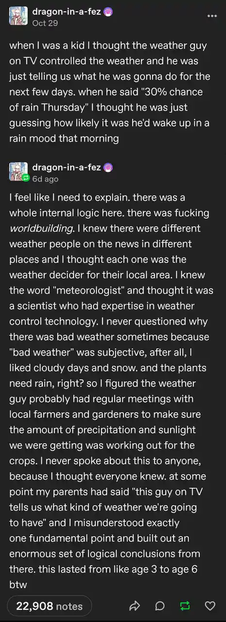 The image displays a Tumblr post by 'dragon-in-a-fez' with white text on a dark background. The post recounts a childhood…