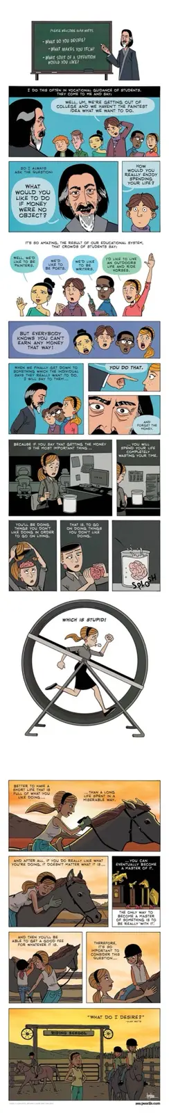 A comic strip where a vocational counselor asks students what they'd do if money were no object, receiving answers like…