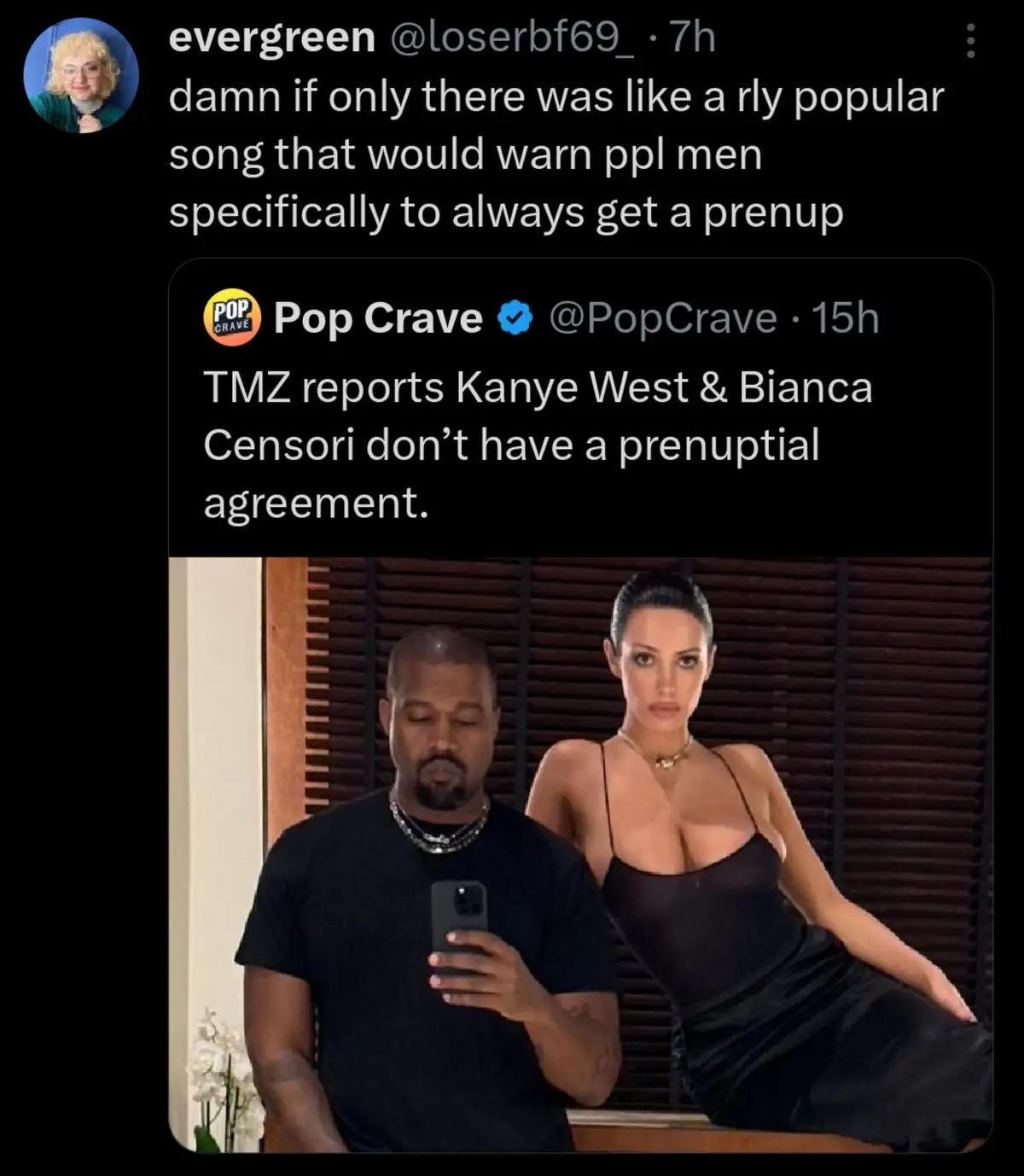 The image shows a screenshot of a tweet from 'evergreen @loserbf69_' that reads 'damn if only there was like a rly popular…
