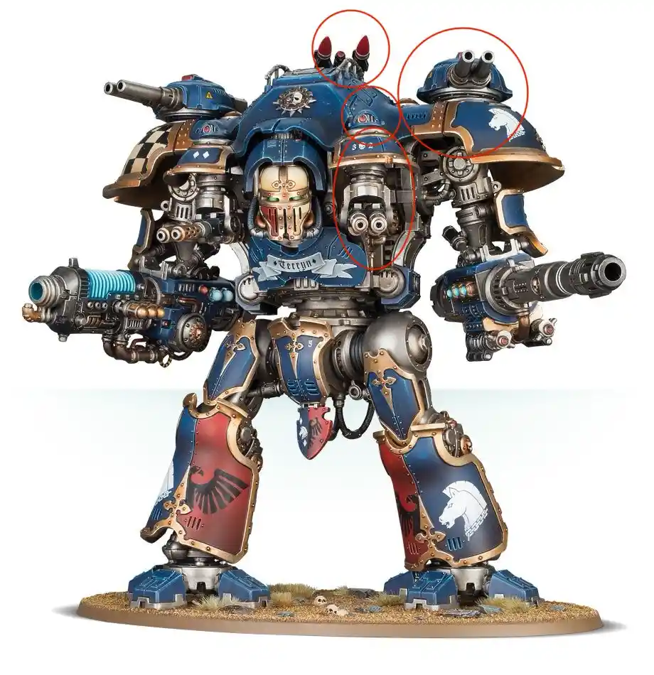 a detailed, blue and gold armored robot with multiple weapons, including cannons on its shoulders and a large gun in its…