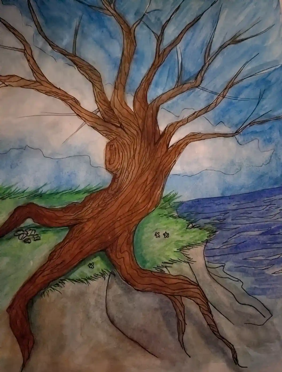 A hand-drawn watercolor painting depicts a large, bare-branched tree with a human-like face carved into its trunk, standing…