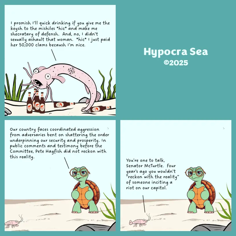 A three-panel comic strip featuring cartoon sea creatures. The first panel shows a drunk pink fish with bottles around it…