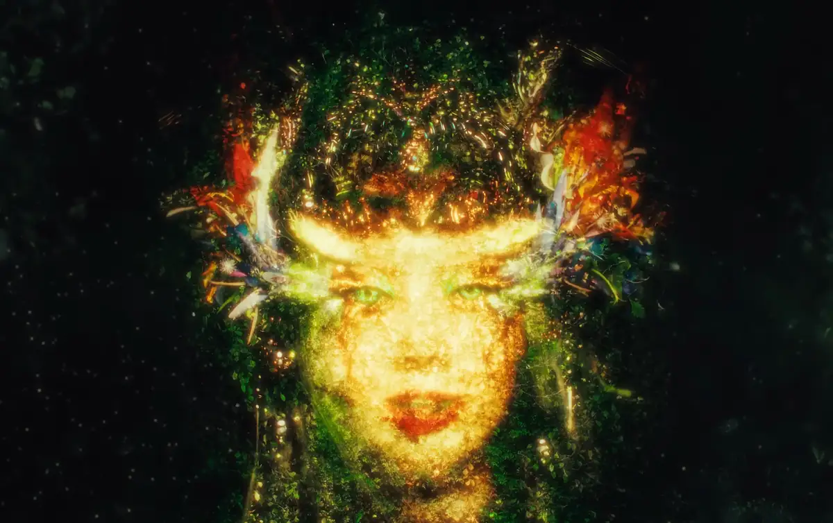 A surreal, glowing portrait of a woman's face, seemingly composed of vibrant green foliage, glowing particles, and colorful…