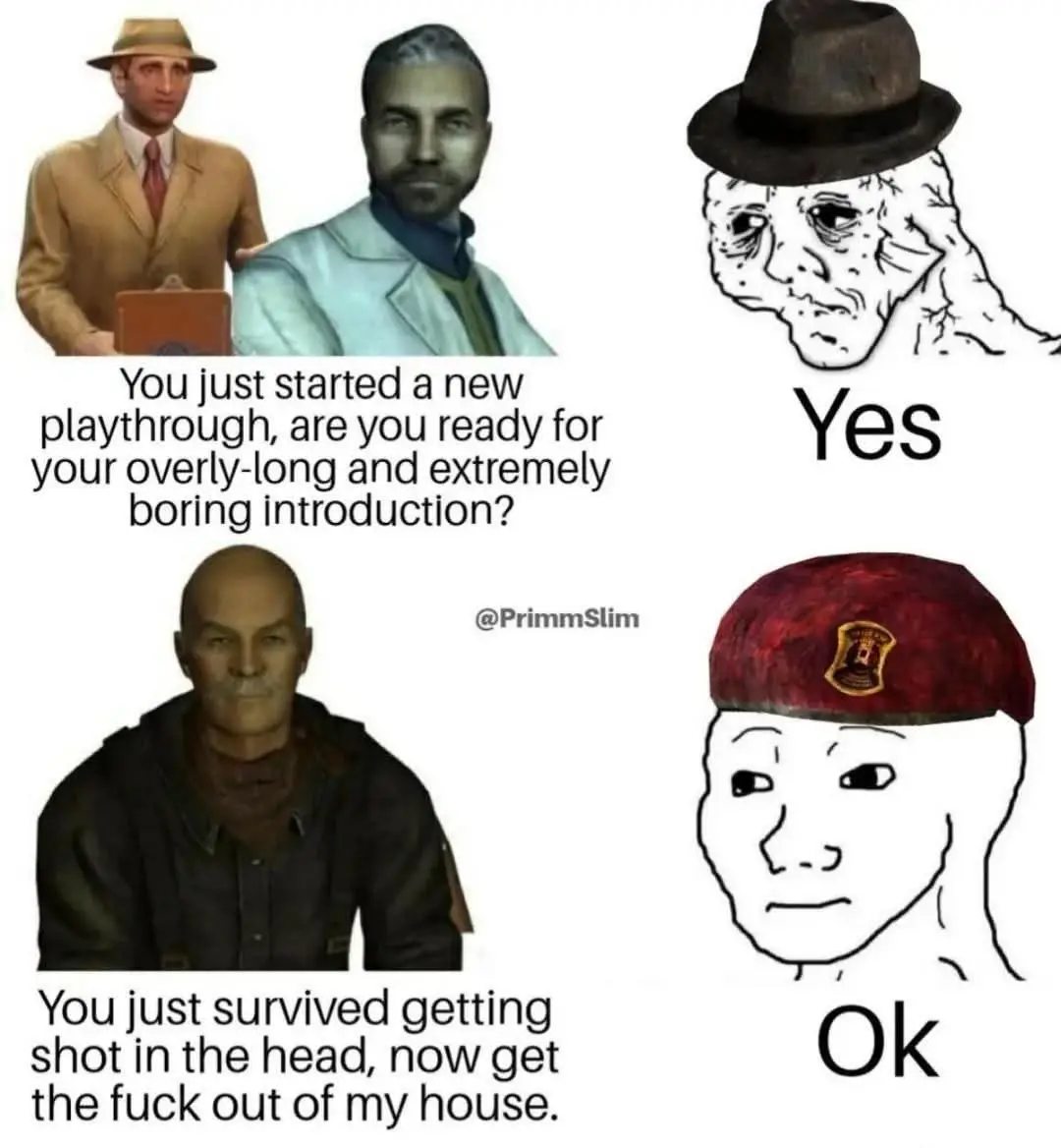 The meme features two panels. The top panel shows two video game characters asking if the player is ready for a long, boring…