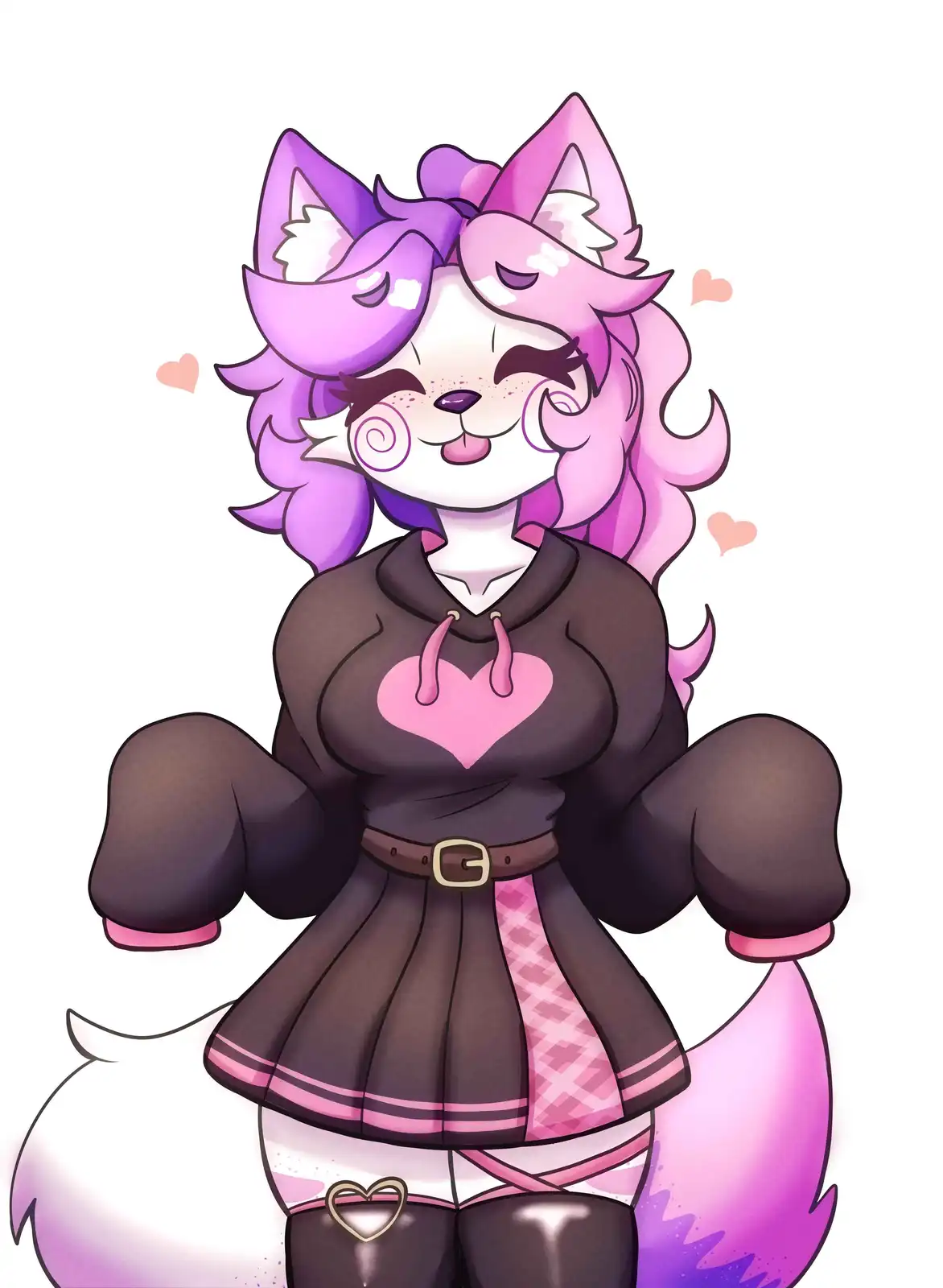 A cartoon catgirl with purple and pink fur, wearing a brown hoodie with a pink heart, a skirt, and thigh-high boots, winks…