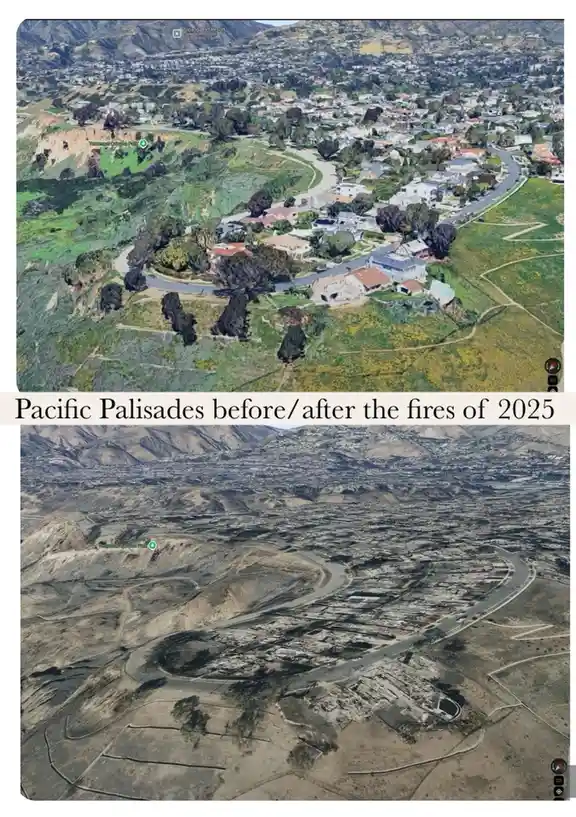 The image displays two Google Earth satellite views of Pacific Palisades, California, stacked vertically. The top image…