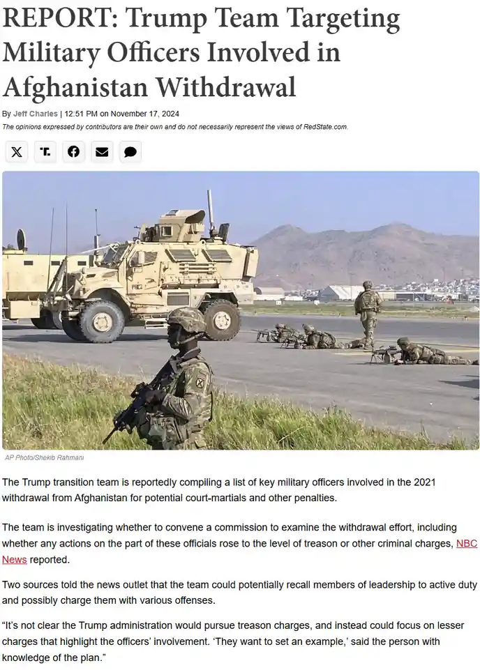 A screenshot of a news article with a headline about a 'Trump Team Targeting Military Officers Involved in Afghanistan…