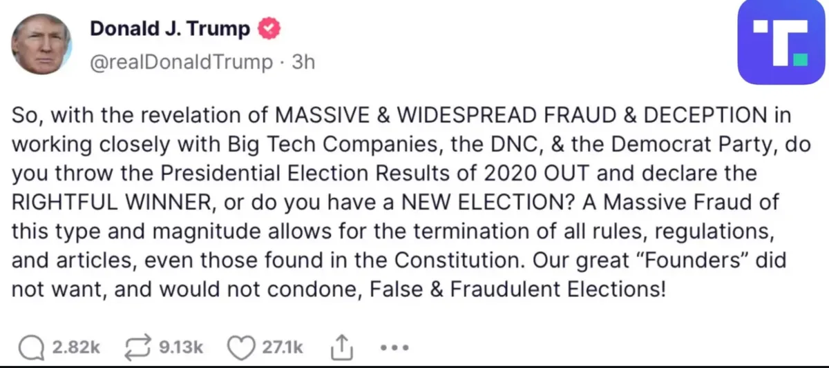 A screenshot of a tweet from Donald J. Trump's verified Twitter account, displaying a long text post in all caps and mixed…