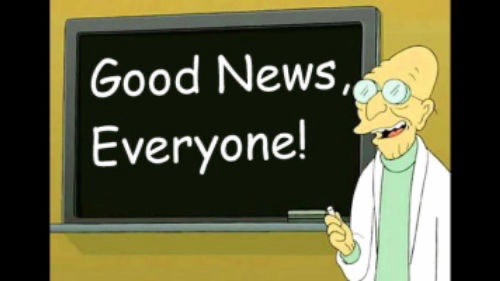 A cartoon scientist with glasses and a white lab coat stands beside a blackboard that reads 'Good News, Everyone!' He holds…