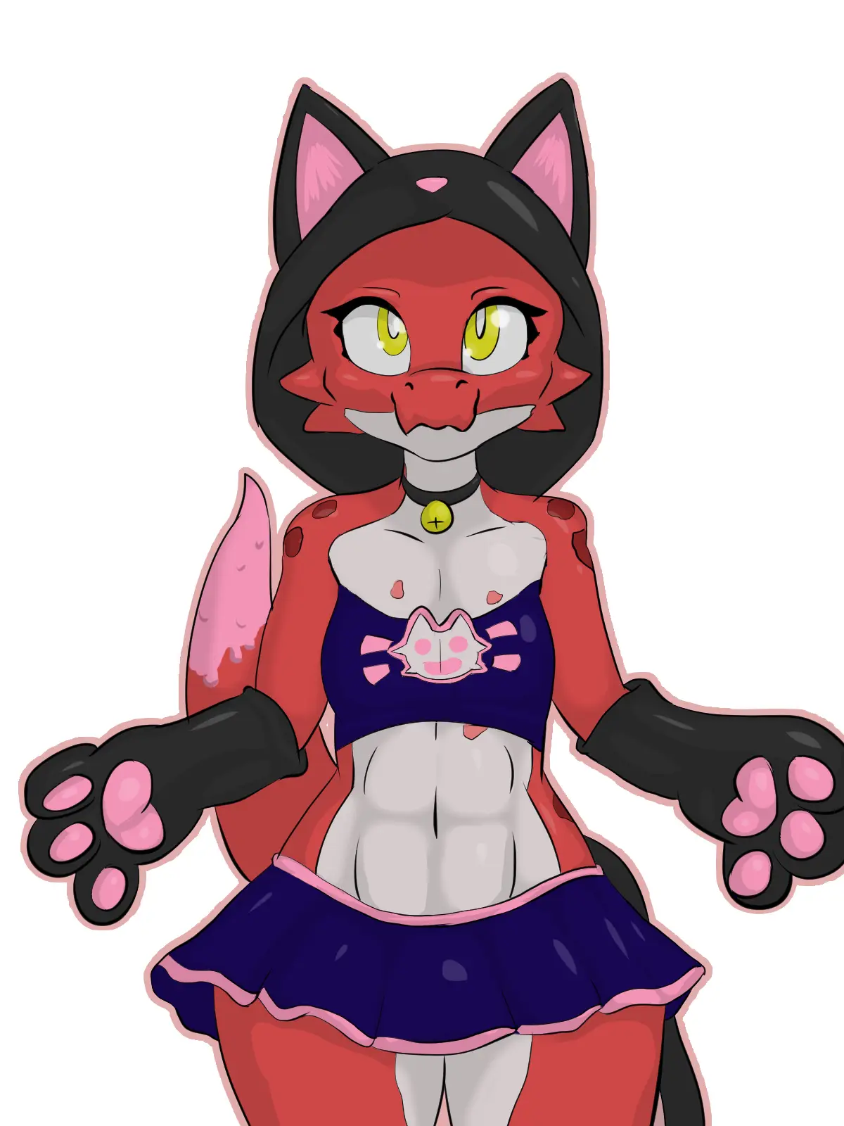 A cartoon catgirl with red fur, black hair, and yellow eyes wears a blue and pink outfit with a cat face emblem. She has…