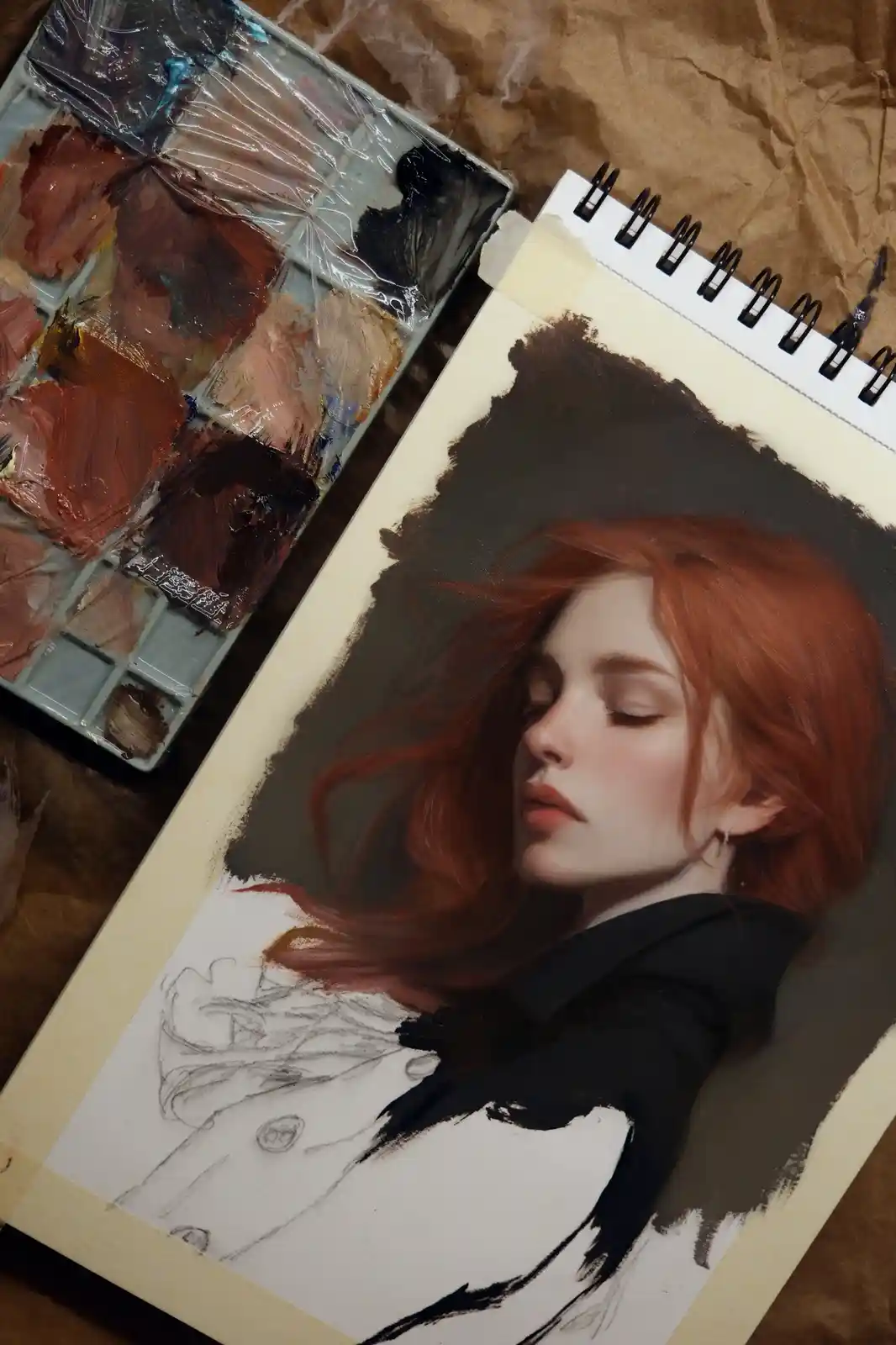 An overhead shot shows a sketchbook with a partially painted portrait of a woman with red hair and closed eyes, next to a…