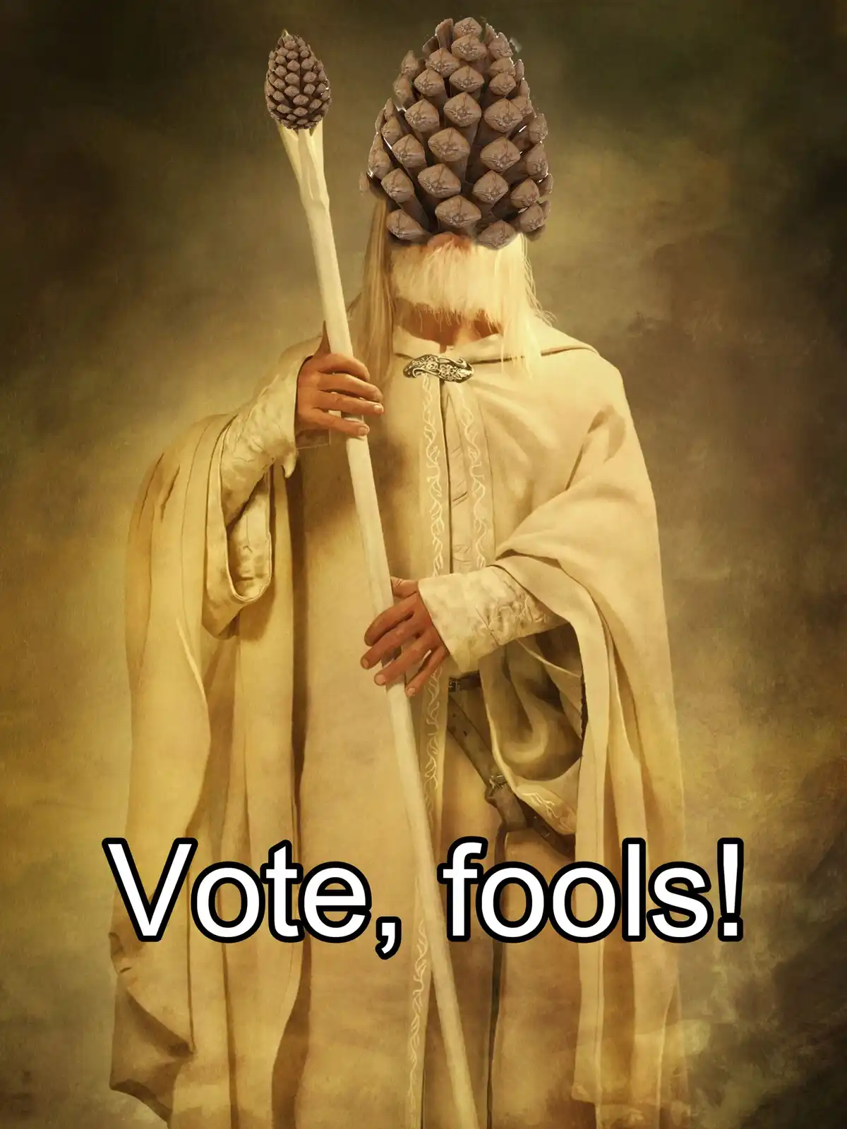 A person dressed as a wise, robed wizard with a long white beard holds a staff topped with a pinecone. Their head is…