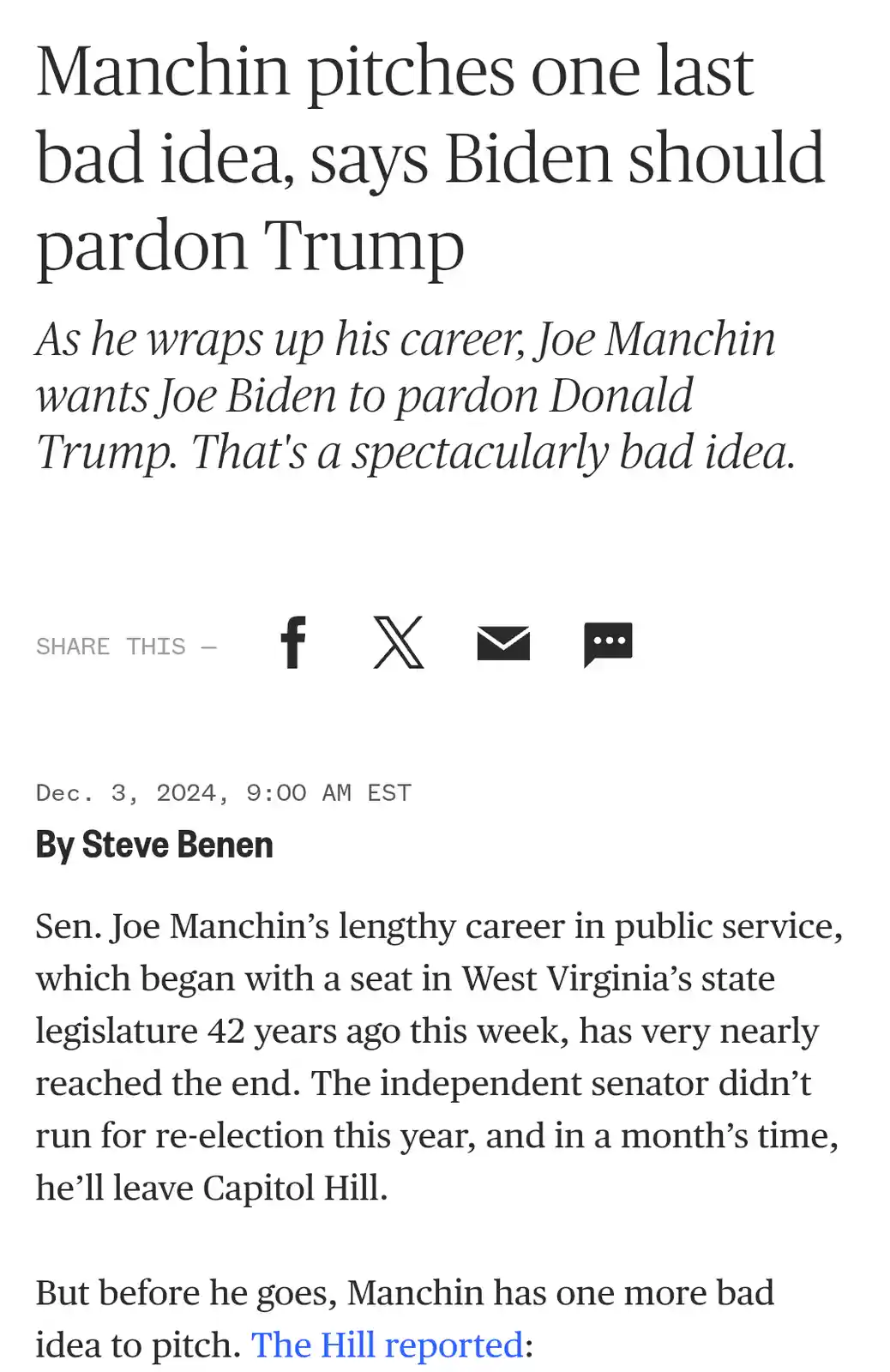 A screenshot of a news article with the headline 'Manchin pitches one last bad idea, says Biden should pardon Trump' and…