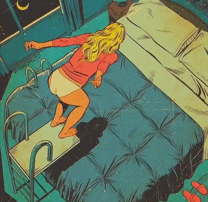 A vintage comic-style illustration shows a blonde woman in a red top and white shorts standing on a small bench at the edge…