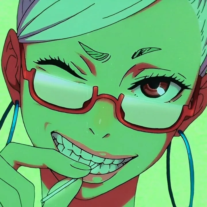 A close-up of a green-skinned anime character with red glasses and hoop earrings, winking and smiling while holding a pen to…