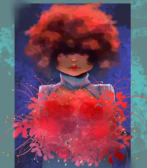 An artistic illustration of a person with a large, fiery red afro hairstyle and a red floral arrangement covering their…