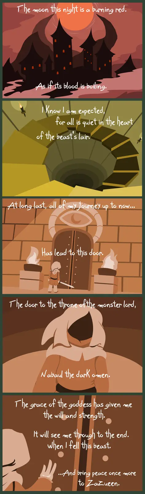 A five-panel comic depicts a lone warrior's journey to a dark castle, culminating at the door to the monster lord Nabaul…