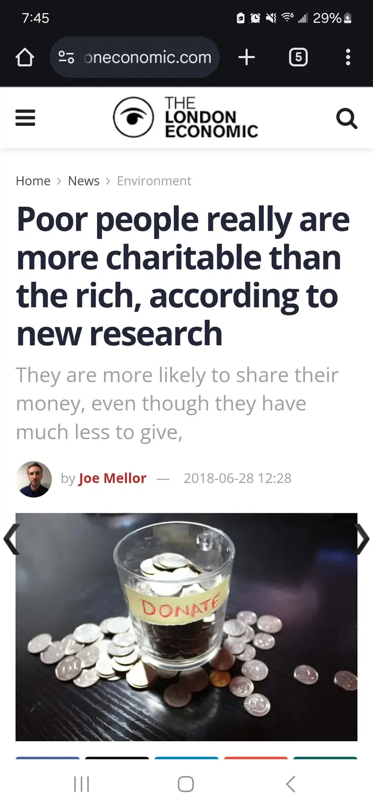 A screenshot of a news article from 'The London Economic' with the headline 'Poor people really are more charitable than the…