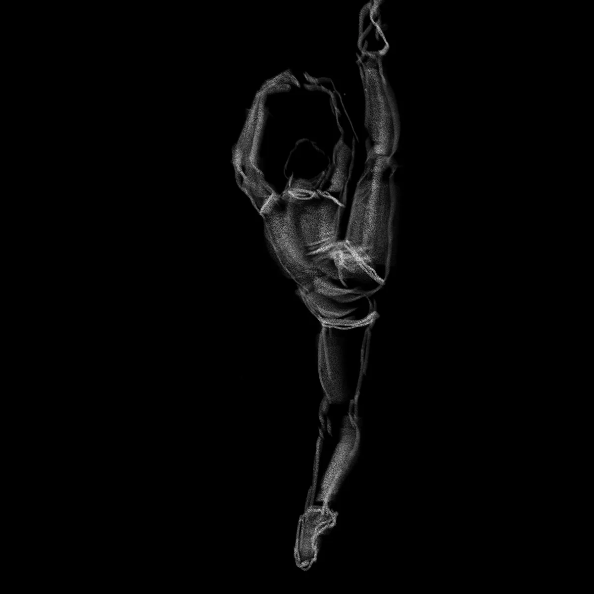 A black-and-white image shows a person suspended upside down in a dynamic, athletic pose, outlined in white dots against a…