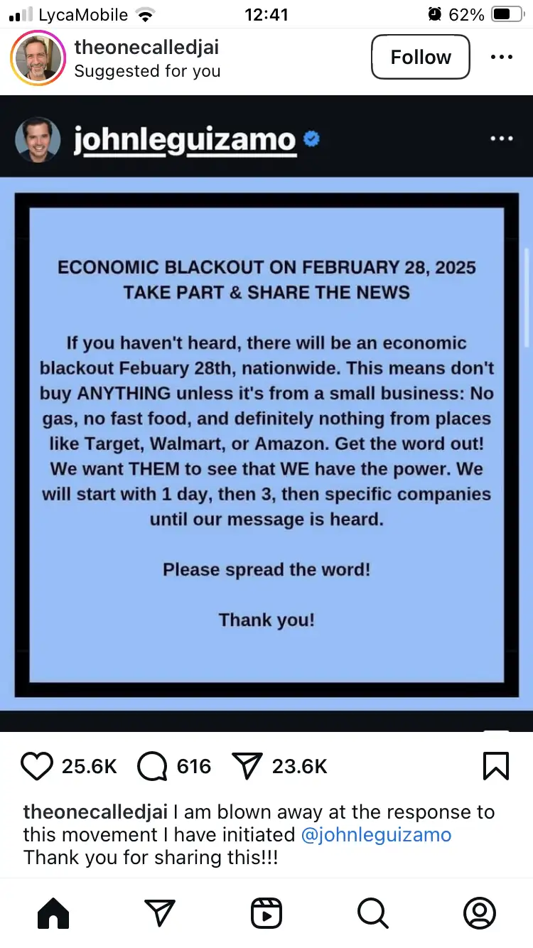 An Instagram post by user 'theonecalledjai' shows a screenshot of a fake 'economic blackout' notice dated February 28, 2025…