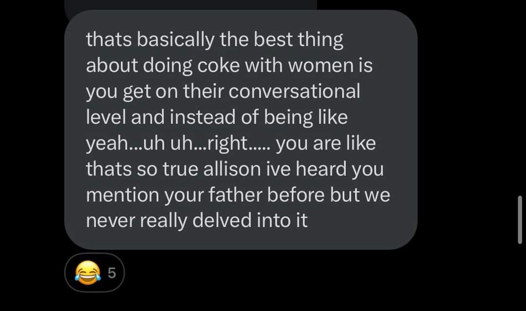 A screenshot of a dark gray text message bubble on a black background, containing a long message about the supposed…