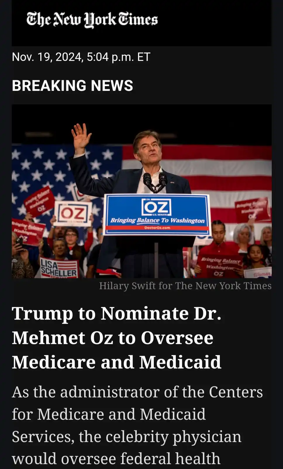 A meme image mimicking a New York Times breaking news article from Nov. 19, 2024, featuring Dr. Mehmet Oz at a campaign…